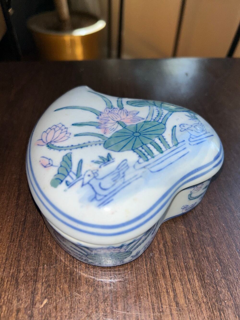 Vintage heart shaped Chinese porcelain lidded trinket box